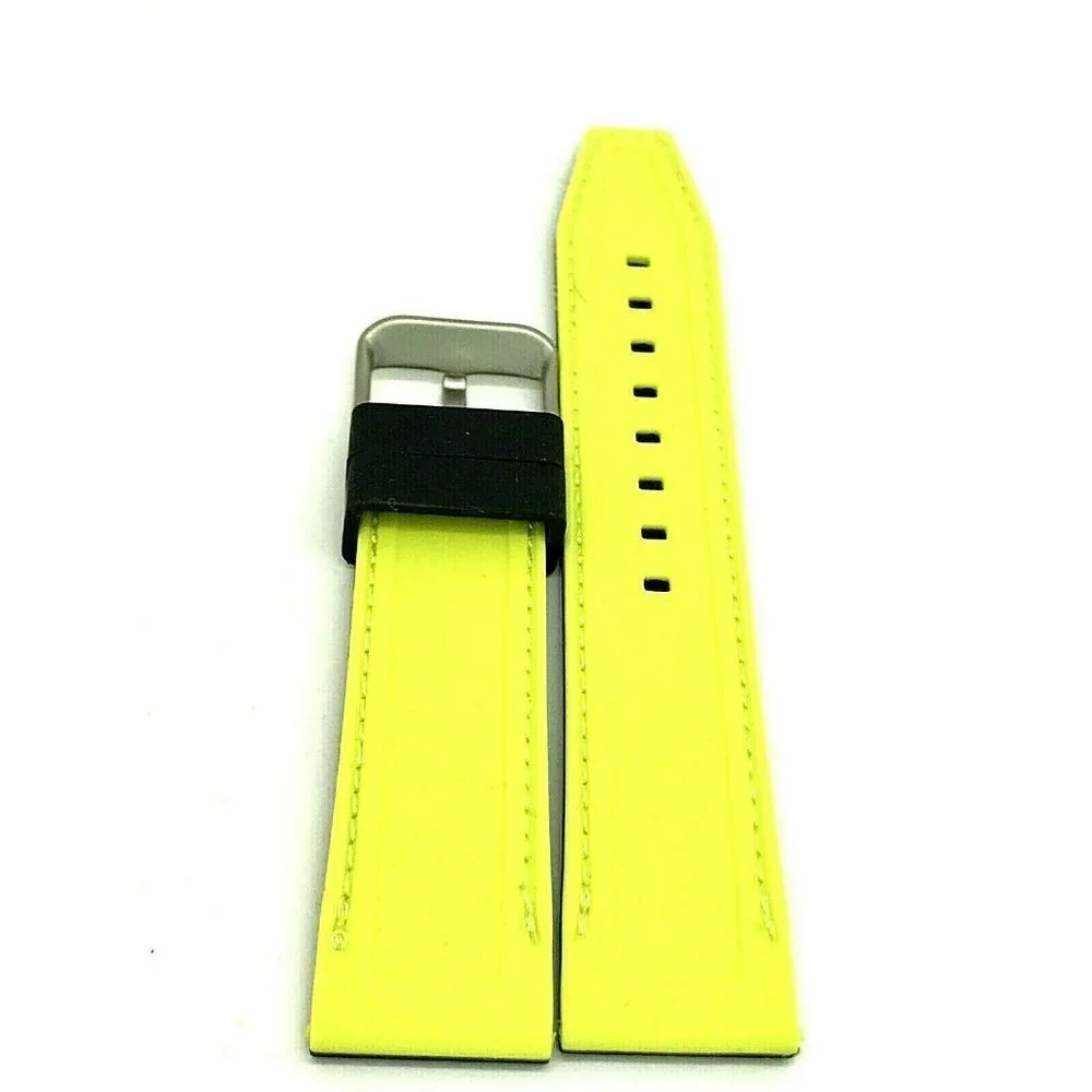 Mens Watch Band Replacement Black Yellow Rubber Strap 22mm Lug Silver Bu…